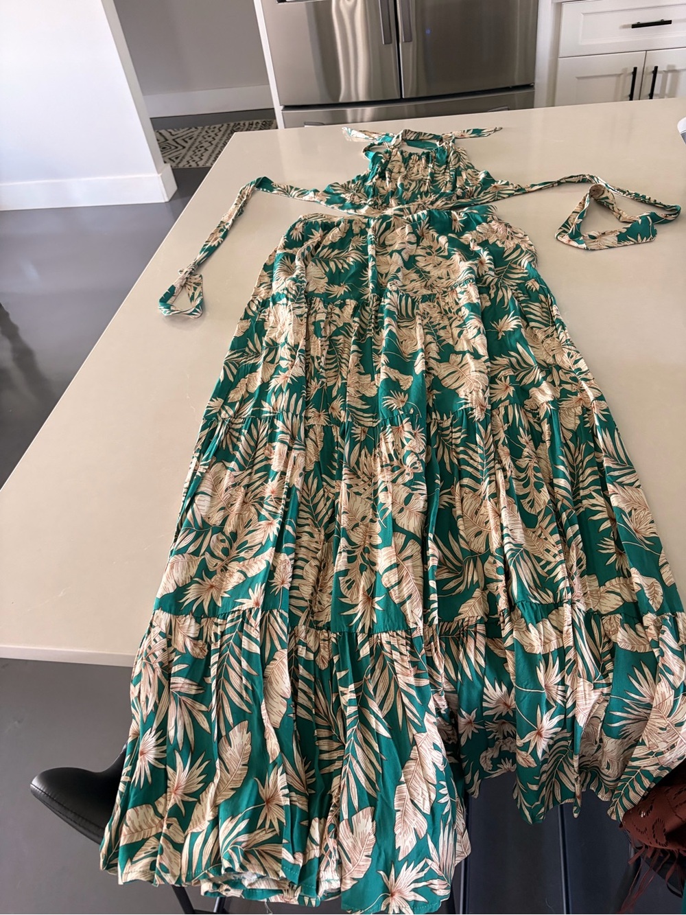 Green Floral Maxi Dress with Cream Leaf Print and Cutouts